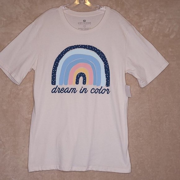 Stunner California Womens T-Shirt Rainbow Dream In Color Pink Cap Sleeve L New‎ - Picture 1 of 8